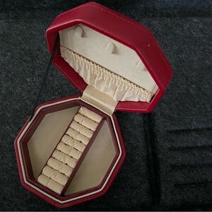 Vintage Dark Red Faux Leather Octagonal Courting Couple Travel Jewelry Box